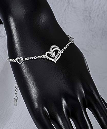 Heart Bracelet Sterling Silver for Women, Cubic Zirconia Love Charm Eternity Bracelet Jewelry Anniversary Birthday Valentine for Her4