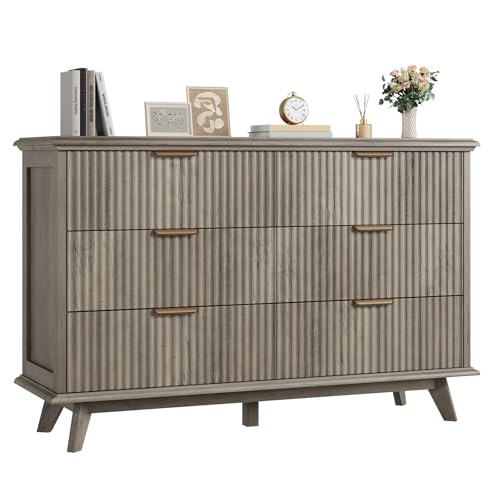 QUW Fluted Dresser for Bedroom with 6 Drawers, 47.2″ Wide Modern Chest of Drawers with Metal Handle, Wooden Dresser TV Stand and Closet Clothes Storage Organizer for Living Room, Hallway, Grey
