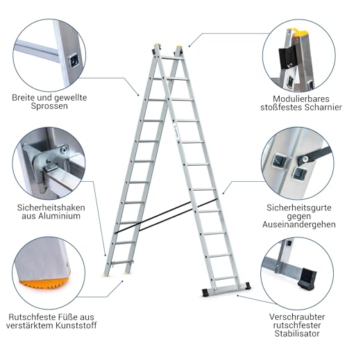 Ausziehbare Leiter, 2 Ebenen, StablePro 2 x 11 Stufen, Aluminium, ausziehbar, verschiebbar, 3 Positionen, Arbeitshöhe max. 5,78 m, Hostrom
