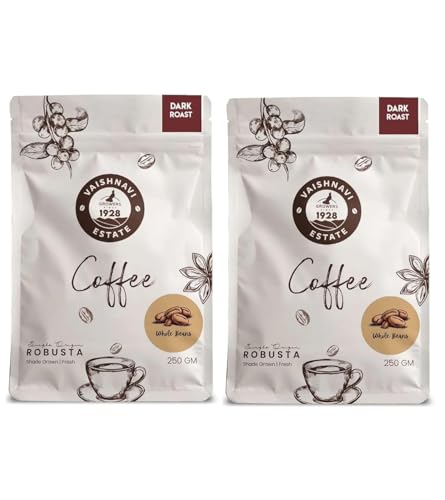 Image of Vaishnavi Estate's Original 100% Pure Dark Roast Robusta Coffee | Fine Grind | Dark Roast | Freshly Roasted & Ground | Single Origin | Freshly Roasted | Whole Bean (250g, Pack of 2)