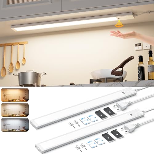 Unterbauleuchte Küche LED Dimmbar, 2 Stück 41CM Unterschrank Beleuchtung Küche mit Berührungsloser Sensor,3 Farbtemperatur Küchenlicht, Ultra Dünn Hell Lichtleiste für Schrank,Regale,Werkbank, 700LM