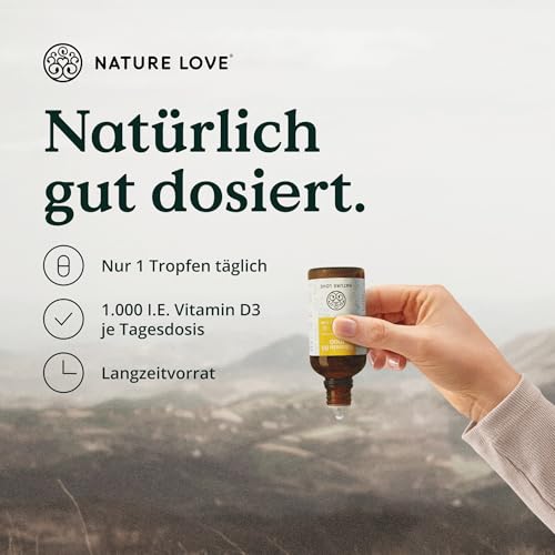 NATURE LOVE® Vitamin D3 1000 (50ml flüssig) – Laborgeprüfte 1000 I.E. pro Tropfen – in MCT-Öl aus Kokos – Vitamin D hochdosiert – hoch bioverfügbar, sehr hohe Stabilität und ohne unnötige Zusätze