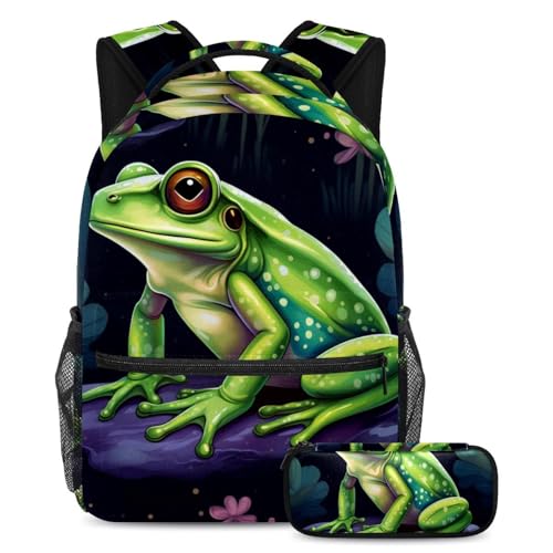 Sac à dos grenouille verte mignon et sa trousse pour les cours et les sorties le week-end