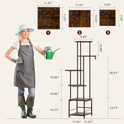 Image of Homsorout Plant Stand Indoor with Grow Light - 6-Tier Metal Plant Shelf with Hanging Basket Hook, Corner Tall Flower Holder for Multiple Plants, Living Room Balcony Garden Patio, Rustic Brown