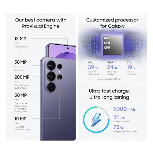 سامسونج جوال جالكسي S26 الترا كوبالت بنفسجي، ذاكرة تخزين 512GB، ذاكرة RAM 12GB، تطبيق مخصص، شاشة خصوصية مدمجة، مساعد صور، كاميرا 200MP، بطارية 5000mAh، ضمان ممتد لمدة عام (اصدار المملكة العربية