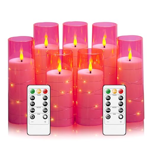Eebuss Flameless Candles with Embedded Star String Battery Operated LED Pillar Candles with Timer and Remote Control Home Decorating for Ambiance Set of 7 (Pink)