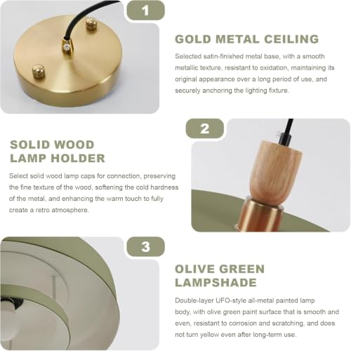 Image of Olive Green Pendant Light, Wood Accent Adjustable Hanging Lamp