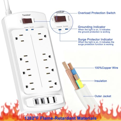 Image of Surge Protector Power Strip - Teiobar Flat Plug Extension Cord with 8 Outlets and 4 USB Ports, 10 Feet Power Cord, 2700 Joules, ETL Listed, White