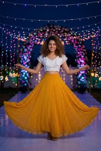 Image of Women's Lycra Top with Georgette Skirt | Polka Dot Print Long Flared Maxi | Full Length Flowy Skirt for Women | Stylish Casual Wear