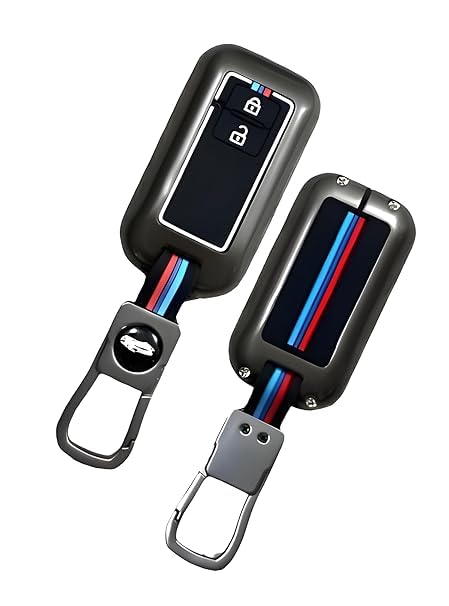 Metal Alloy Car Silicon Striped Key Cover Case Holder & Keychain fit for Maruti Suzuki Baleno, Swift, Dzire, Ertiga, Grand Vitara, Brezza, Ignish, XL6, Jimny, Fronx (SZK-C2)