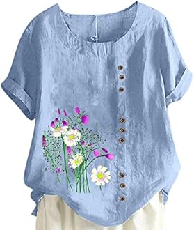 FOCLMP Women Floral Print Linen Shirts Short Sleeve Gauze Tops Loose Fit Cotton Blouses Trendy 2024 Clothing