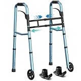 HOMENURSE Narrow Walkers for Seniors, Folding Walker with Skis and 5' Wheels for Small Spaces, Adjustable Width & Height, Aluminum Lightweight Standard Rolling Walker, Support Up to 350lbs, Blue