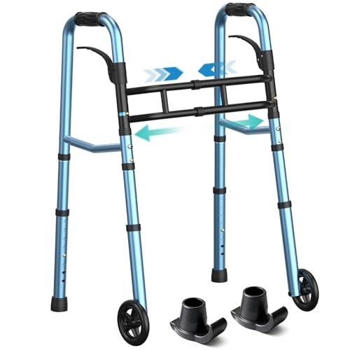 HOMENURSE Narrow Walkers for Seniors, Folding Walker with Skis and 5" Wheels for Small Spaces, Adjustable Width & Height, Aluminum Lightweight Standard Rolling Walker, Support Up to 350lbs, Blue