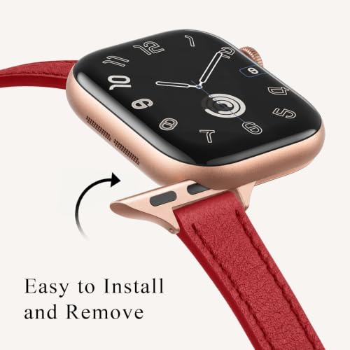 Image of STIROLL Slim Leather Bands Compatible with Apple Watch Band 38mm 40mm 41mm 42mm(Series 11 10), Top Grain Leather Watch Thin Wristband for iWatch SE 9 8 7 6 5 4 3 2 1(Red Rose Gold)