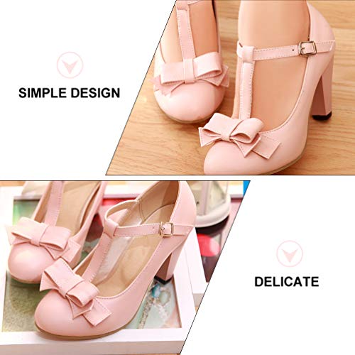 Womens Sweet Mary Janes Pumps Round Toe T-Strap Bows Buckle High Cone Heel Dress Pumps2