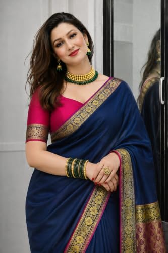 Image of Women's Glory Banarasi Satin Silk Saree with Rich Zari Woven Border & Pallu | Soft Glossy Party Fancy Traditional Saree for Wedding, Festive, Function | Blouse Piece Included