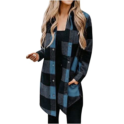Toumeny Ladies Casual Plaid Shirts Mid Length Long Sleeve Jacket Pocket Top Navy #TOP27