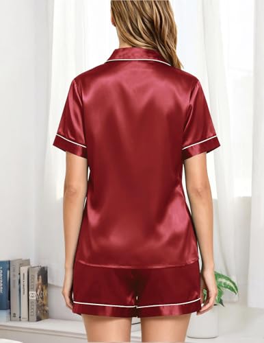 Image of Veseacky Women Satin Pajamas Set 2 Piece Button Down Short Sleeve Soft Sleepwear with Pockets