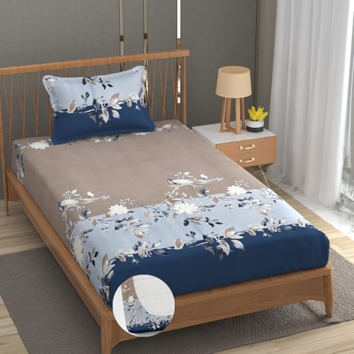 Image of Vram Premium Heavy Cotton Elastic Fitted Bedsheets with 1 King Size Pillow Covers || Single Bed with All Around Elastic 350 TC || 36 x 78 x 6 Inch Single Size Fitted || :- Blue Tricolor
