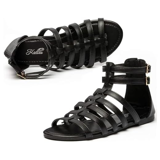 katliu Womens Gladiator Sandals Strap Sandal Two Ankle Buckle Open Toe Summer Flat Zipper Gladiator Sandal Black 10