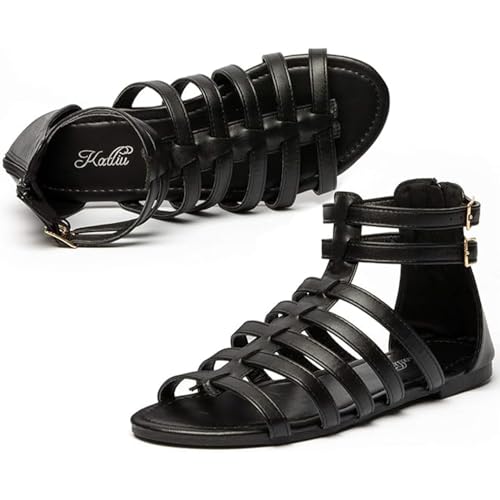 katliu Women's Gladiator Sandal Strappy Flat Sandals Two Ankle Buckle Black 8
