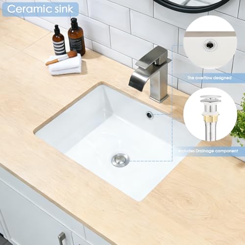 Weißes Keramik Unterbauwaschbecken 50x38x18 cm Rechteckig mit Überlauf - Einbauwaschbecken für Badezimmer & Gäste WC, inkl. Pop-up Ablauf Edelstahl