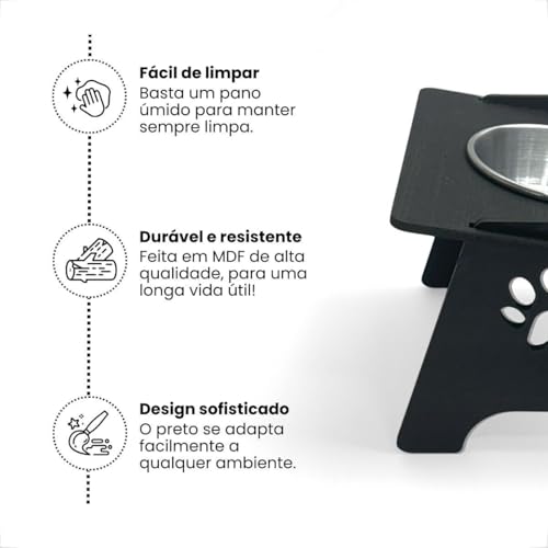 Comedouro Pet Elevado 14cm Em Mdf Preto Pote Inox Minimalista