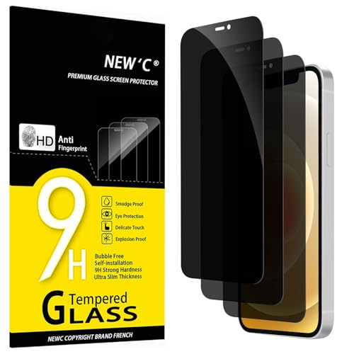 NEW'C 3 Pack Privacy Screen Protector for iPhone 12, iPhone 12 Pro (6.1"), Enhanced 28-Degree Privacy Angle, Ultra Durable 9H Hardness, Bubble-Free