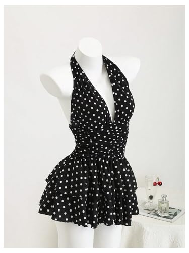 OYOANGLE Women's Polka Dots A Line Mini Halter Top Dress Backless Ruched Layered Ruffle Dresses2