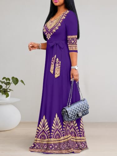 Image of PinkPatty Women's Plus Size Maxi Dresses Casual Flowy 3 /4 Sleeves Dress Printed Vacation Dress for Daily Wear with Belt