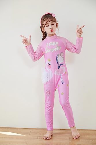 Image of Girls Swimsuits Long Sleeve Rash Guard Swimwear with Matching Cap One-Piece Bathing Suits 2-10 Years