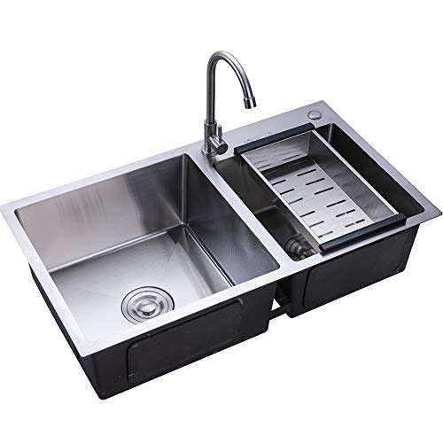 BAOCHADA Fregadero de 2 cuencos, de acero inoxidable, doble lavabo de acero inoxidable 304, fregadero de cocina doble, fregadero de cocina con escurridor, dispositivo de drenaje, filtro de residuos,