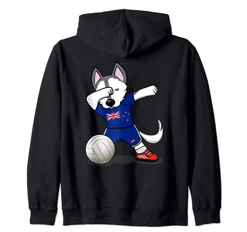 Dabbing Husky Dog New Zealand Volleyball Fans Jersey Flag Zip Hoodie, Black