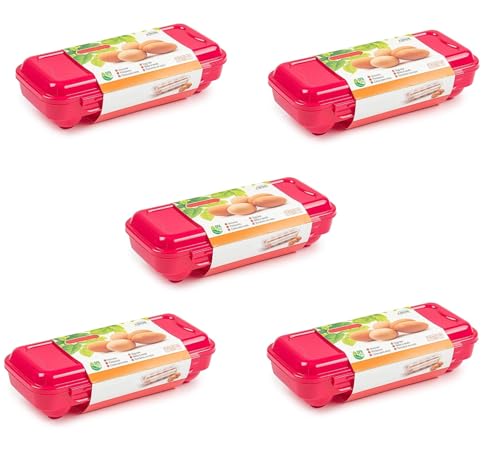 pcmoviles – Pack de 5 Hueveras de Plástico para 10 Huevos con Tapa | Caja para Huevos con Cierre Click y Asa de Transporte | Libre de BPA | Color Aleatorio | Egg Box Portátil