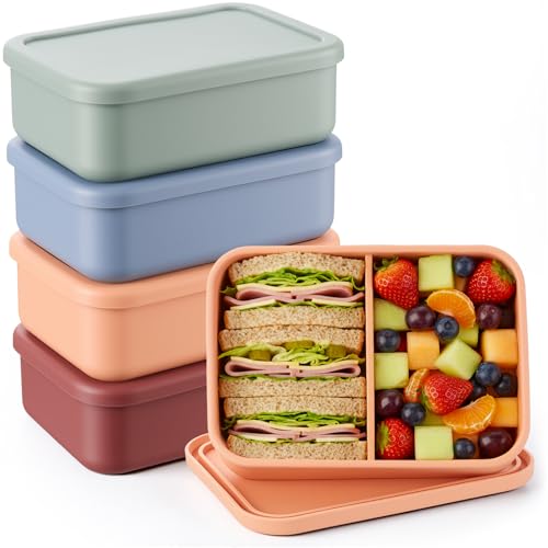 Image of Layhit 4 Pcs Silicone Bento Box for Adults, 27 oz Bento Lunch Container Reusable Food Container for Women Men, Leak Proof Microwave Dishwasher Freezer Safe (2 Compartments,Dark Colors)