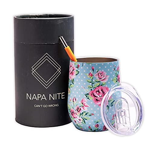 NapaNite Vaso de vino de acero inoxidable con aislamiento de cristal sin tallo con tapa de 325 ml (hawaiano)