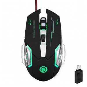 Wowssyo Kabelgebundene Maus, RGB Beleuchtung, USB Kabelmaus mit Funktions-Seitentasten, Ergonomische Computermaus, 1200-2400-3600 DPI – für PC, Laptop, Computer - Schwarz