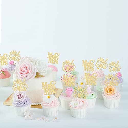 24Pcs Gold Glitter Mr & Mrs Cupcake Toppers Love Mr Mrs Bridal Shower Cupcake Picks Wedding Engagement Birthday Party Cake Decorations Supplies #TOP4