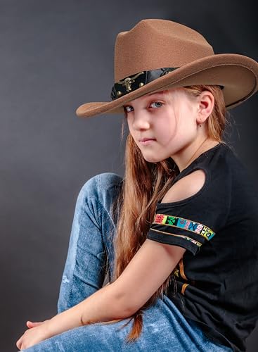 JOYEBUY Kids Western Cowboy Hat Felt Cowgirl Fedora Hat with Buckle Belt for Boys Girls 6
