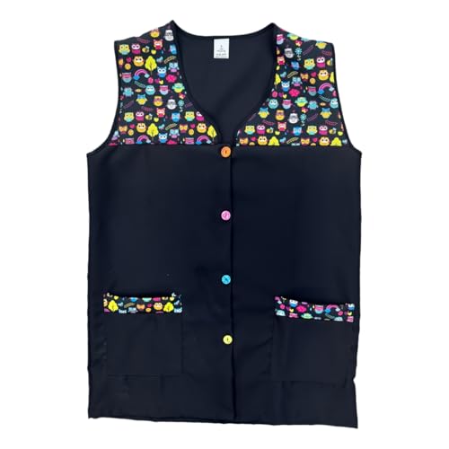 Casaca Escolar Sin Mangas Mujer Botones Multicolor Delantal Mandil Chaleco Estampado Tres Bolsillos Uniforme Maestra Peluquera Auxiliar Limpieza Cuidado Infantil Lavable – SERIE 7061 (Negro -1E, M)