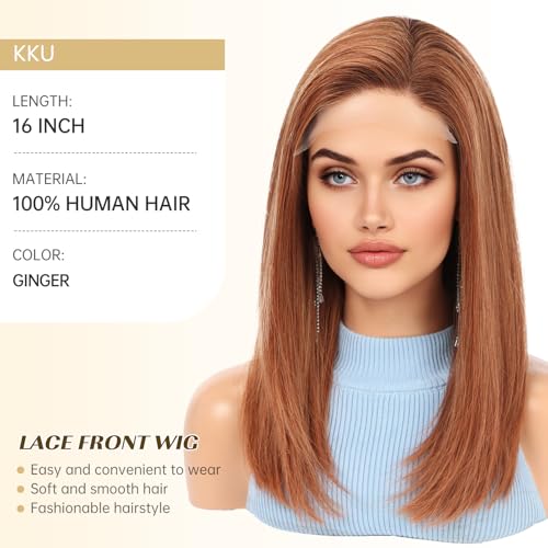 Image of KKU 100% Human Hair Wig, Lace Front Wigs Human Hair Side Part,Ginger Wig Human Hair, Real Human Hair Wigs for Women(16Inch)