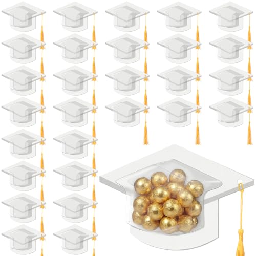 Motiskyy 30 Pack Graduation Cap Candy Card Class of 2026 Grad Party Favor Candy Dome Greeting Card with Tassel Chocolate Holder College High School Graduate Gift Box DIY Supplies(White,Gold)
