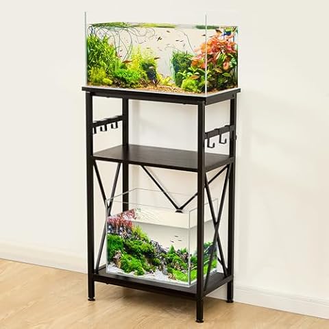 LAQUAL 10 Gallon Fish Tank Stand with Shelf, Double Aquarium Stand for 10&5 Gal Fish Tank, 3-Tier Heavy Metal Stand with Stable Structure, Adjustable Table Feet&Anti-tilt Device - Black Cover
