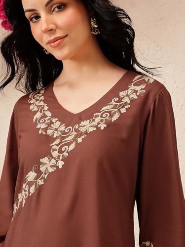 Image of QAZMI Women's Aari Embroidered Viscose Rayon V-Neck Full Sleeves Short Kurti