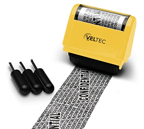 Veltec ID Protector Ink Roller - Identity Theft Protection Roller Stamp (Yellow, Stamp+3 Refills)