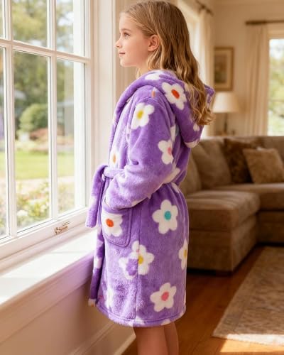 Image of Girls Fleece Hooded Robes, Warm Printed Bath Robe for Kids Soft Fuzzy Bathrobe for Gifts
