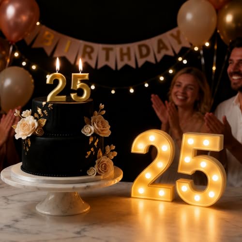 Image of Balloonistics LED Marquee Number 25 Light - Cordless Battery-Operated Light Up Number Sign for 25th Birthday, Anniversary, Wedding, Party Decoration, Table or Wall Hanging