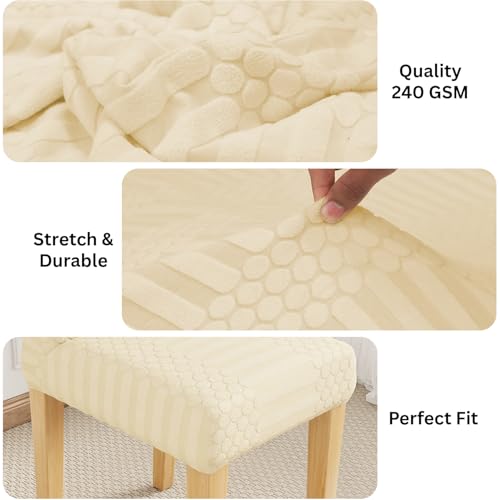 Image of Lukzer Elastic Dining Chair Cover - 2PC Pastel Yellow Dotted Stripe | Textured High Stretch Jacquard Seat Cover | Removable Washable Short Dining Chair Cover Protector Seat Slipcover | (CC-070-02)