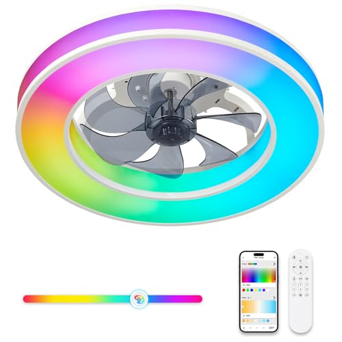 Image of XEMQENER RGB Ceiling Fans with Lights and Remote, Reversible Ceiling Fan Lamp with 9 Colours & 3 Modes, Φ41.5CM Low Profile Fan Lights for Living Room Bedroom, 6 Speeds, APP, Timing, Memory Function