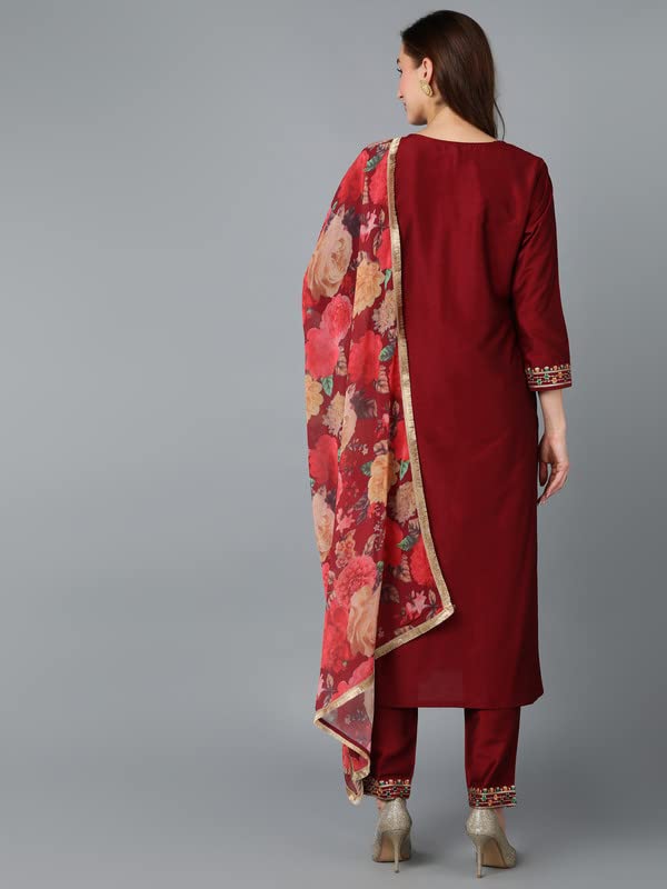 Image of Vaamsi Women's Silk Blend Embroidered Straight Kurta Pant With Dupatta Set